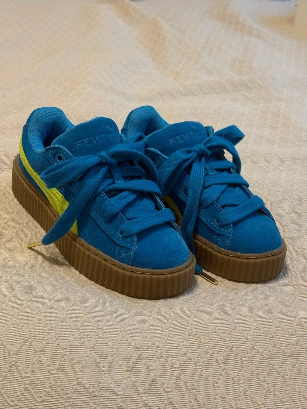 Puma Blue Suede Platform Sneakers with Lime Accent